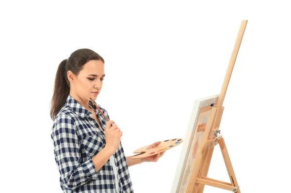 Female Artist Drawing Easel White Background — Stock Photo, Image