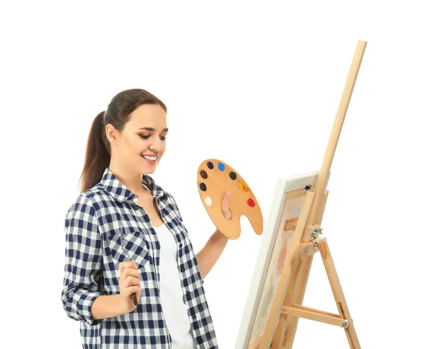 Female Artist Painting Picture White Background — Stock Photo, Image