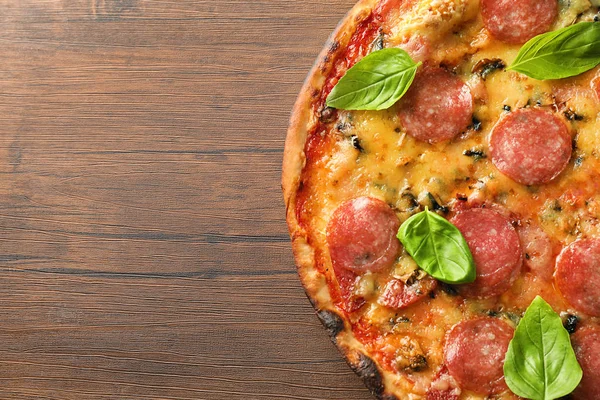 Tasty Pepperoni Pizza Wooden Table Top View — Stock Photo, Image