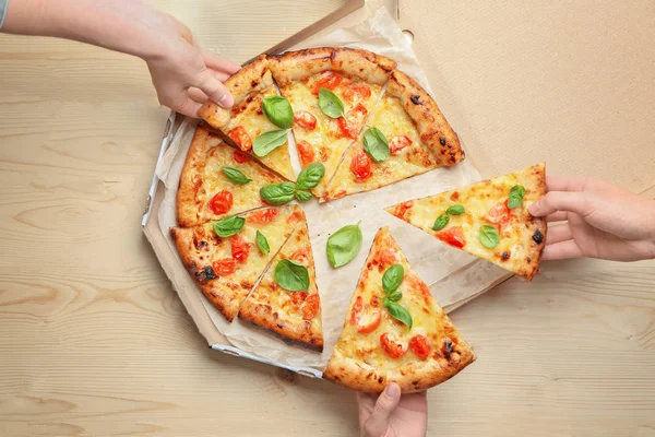 Young People Taking Slices Delicious Pizza Margherita Box — Stock Photo, Image