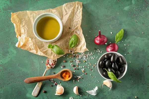 Composition Olive Oil Spices Color Textured Background — Stock Photo, Image