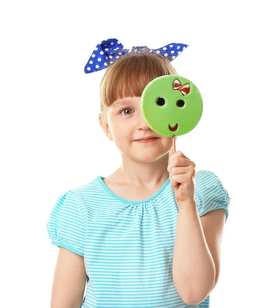 Cute Little Girl Lollipop White Background — Stock Photo, Image