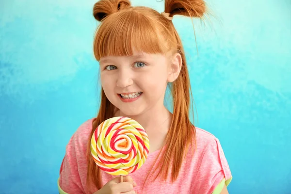 Cute Little Girl Lollipop Color Background — Stock Photo, Image