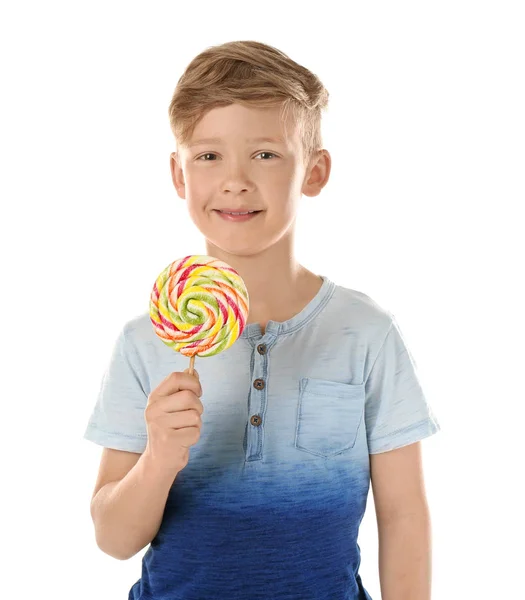 Söt Liten Pojke Med Lollipop Vit Bakgrund — Stockfoto