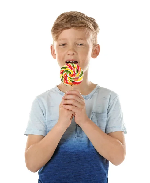 Lindo Niño Con Piruleta Sobre Fondo Blanco — Foto de Stock