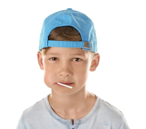 Söt Liten Pojke Med Lollipop Munnen Vit Bakgrund — Stockfoto