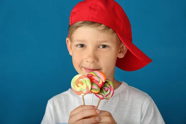 Cute Little Boy Lollipops Color Background — Stock Photo, Image