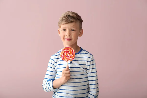 Cute Little Boy Lollipop Color Background — Stock Photo, Image