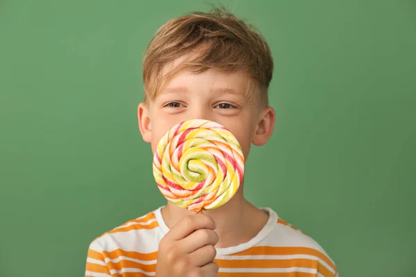 Cute Little Boy Lollipop Color Background — Stock Photo, Image