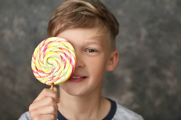 Cute Little Boy Lollipop Grey Background — Stock Photo, Image