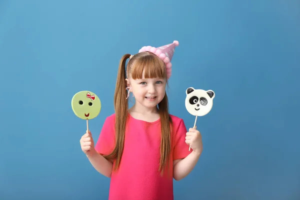 Cute Little Girl Lollipops Color Background — Stock Photo, Image