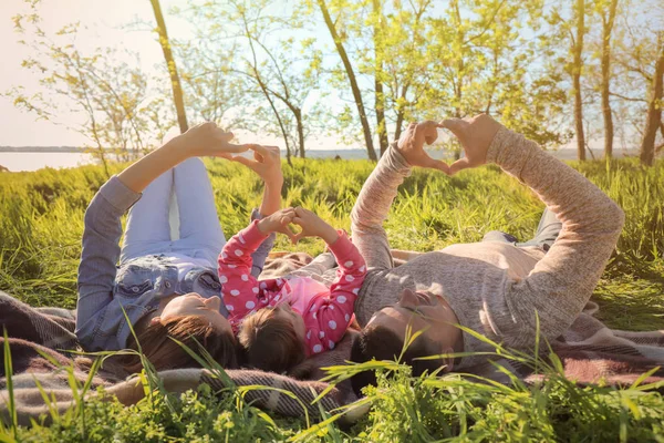 Happy Family Lying Green Grass Park — Stock Photo, Image