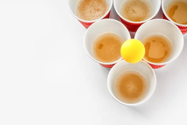 Cups Ball Beer Pong White Background — Stock Photo, Image