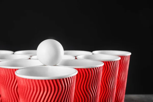 Cups Ball Beer Pong Dark Background — Stock Photo, Image