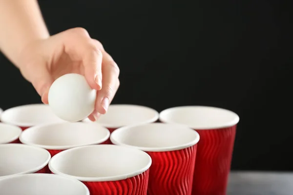 Woman Holding White Ball Cups Arranged Playing Beer Pong Closeup — Stock Photo, Image