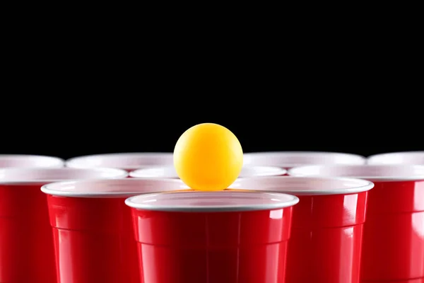 Cups Ball Beer Pong Dark Background — Stock Photo, Image