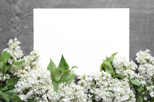 Composition Blossoming Lilac Blank Card Grey Background — Stock Photo, Image