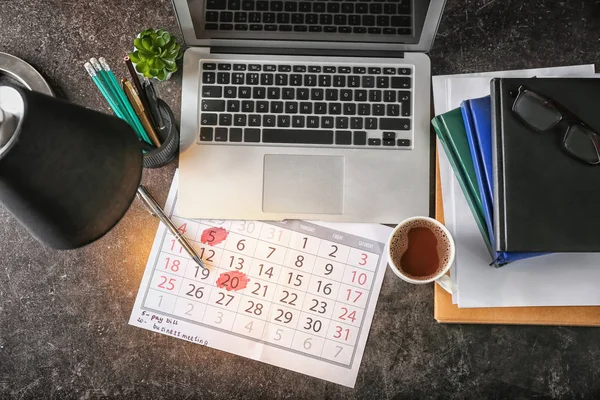 Calendar Notes Laptop Cup Tea Table — Stock Photo, Image