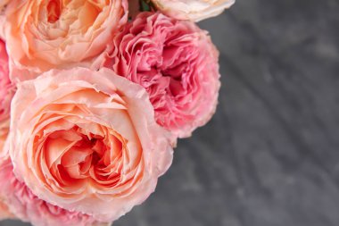 Gri arka plan, closeup üzerinde güzel gül buketi