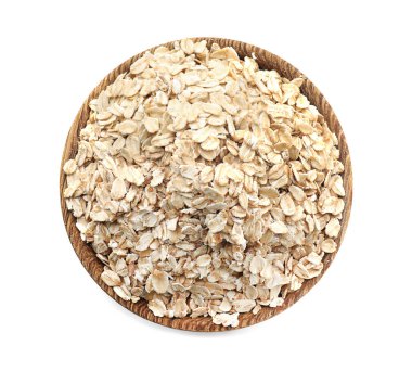 Beyaz arka planda çiğ yulaf ezmeli kase