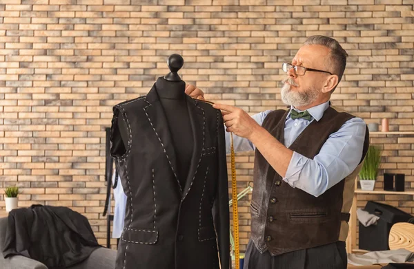 Mature Tailor Taking Measurements Jacket Mannequin Atelier — Stock Photo, Image