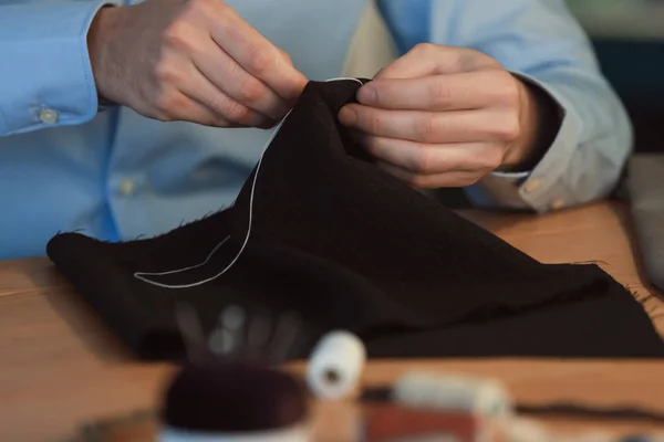 Young Tailor Sewing Table Atelier Closeup — Stock Photo, Image