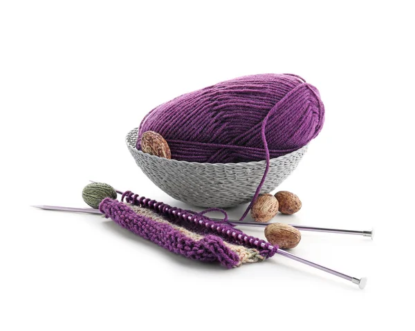 Basket Knitting Yarn Needles White Background — Stock Photo, Image