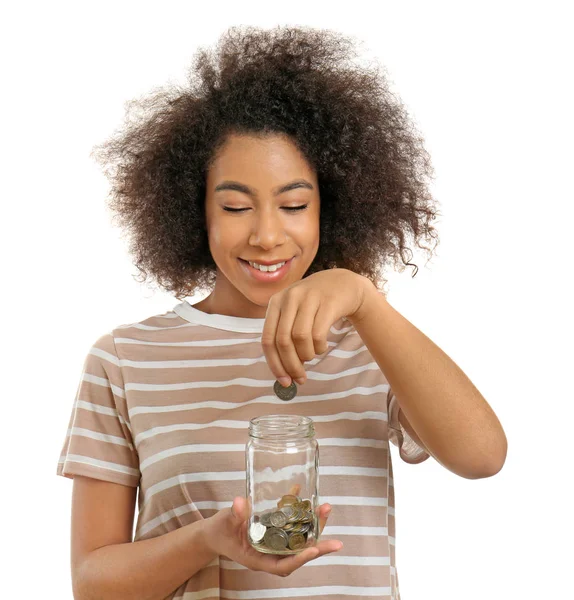 Jovem Afro Americana Colocando Dinheiro Frasco Vidro Fundo Branco Conceito — Fotografia de Stock