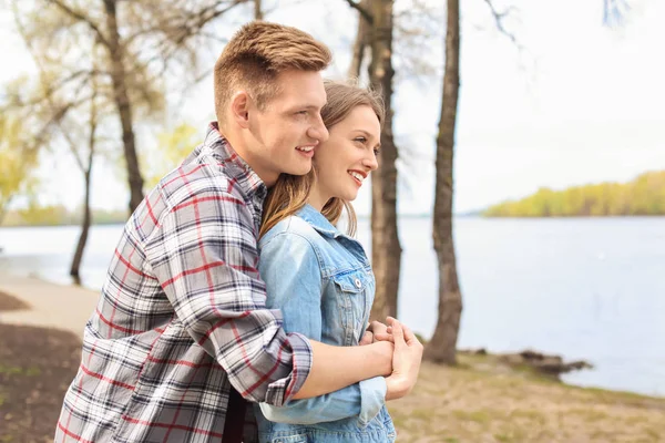 Happy Young Couple River Spring Day — Stock Photo, Image
