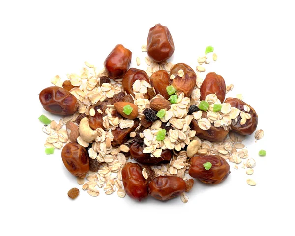 Oatmeal Flakes Dry Fruits Nuts White Background — Stock Photo, Image