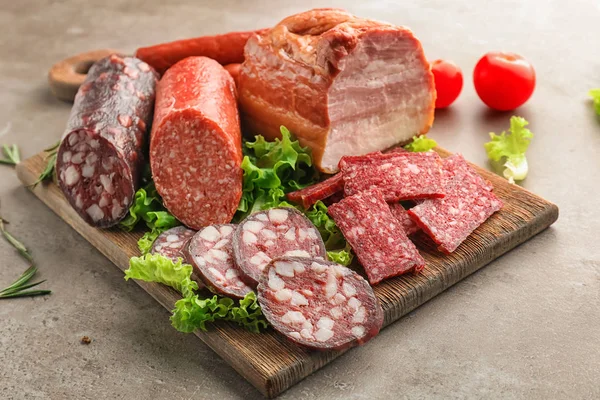 Assortment Delicious Deli Meats Wooden Board — Stock Photo, Image