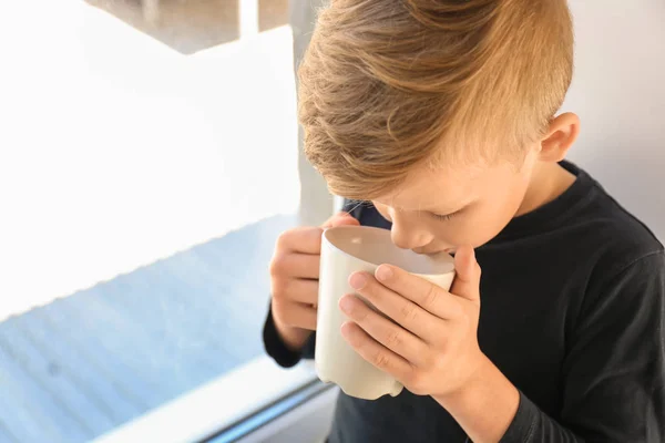 Cute Little Boy Cup Hot Cocoa Drink Window — Stock Photo, Image