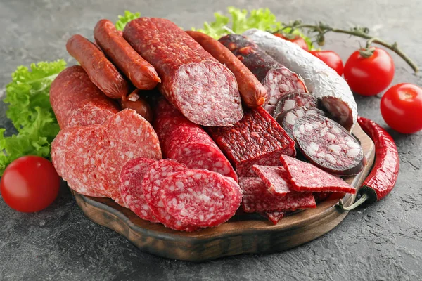 Wooden Board Variety Delicious Sausages Table — Stock Photo, Image