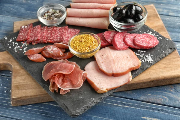 Slate Plate Variety Delicious Deli Meats Spices Wooden Board — Stock Photo, Image