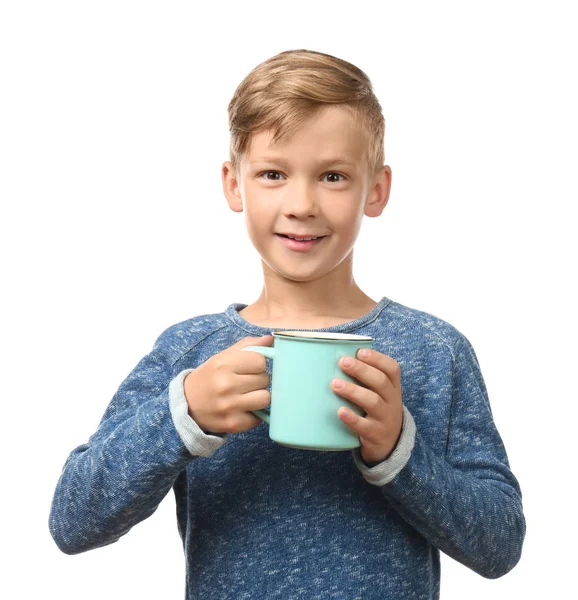 Cute Little Boy Cup Hot Cocoa Drink White Background — Stock Photo, Image