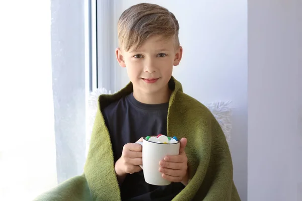 Cute Little Boy Cup Hot Cocoa Drink Window — Stock Photo, Image