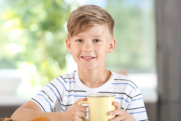 Cute Little Boy Cup Hot Cocoa Drink Home — Stock Photo, Image