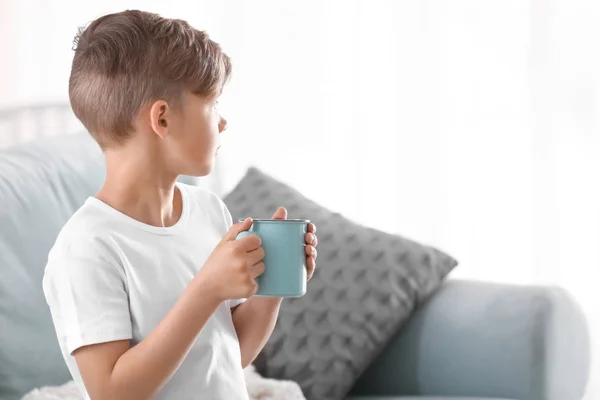 Cute Little Boy Cup Hot Cocoa Drink Home — Stock Photo, Image