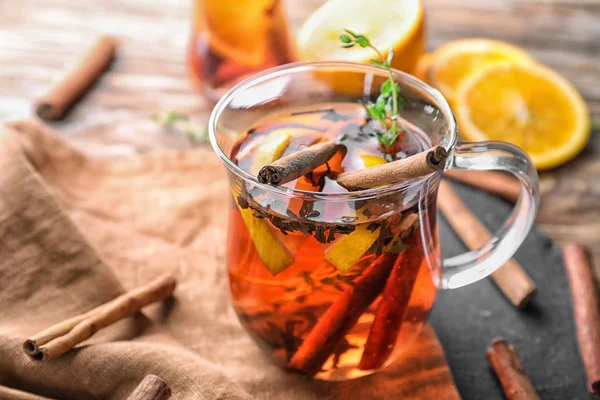 Cup Hot Aromatic Beverage Cinnamon Lemon Table — Stock Photo, Image