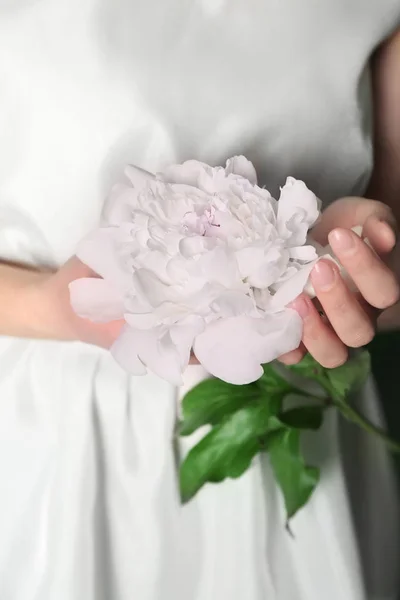 Young Woman Holding Beautiful Peony Closeup — Stock Photo, Image