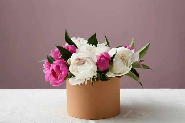 Box Beautiful Peony Flowers Table Color Background — Stock Photo, Image