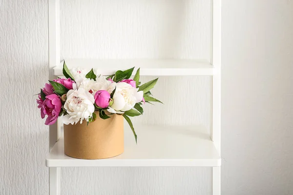 Box Beautiful Peony Flowers Shelf White Wall — Stock Photo, Image