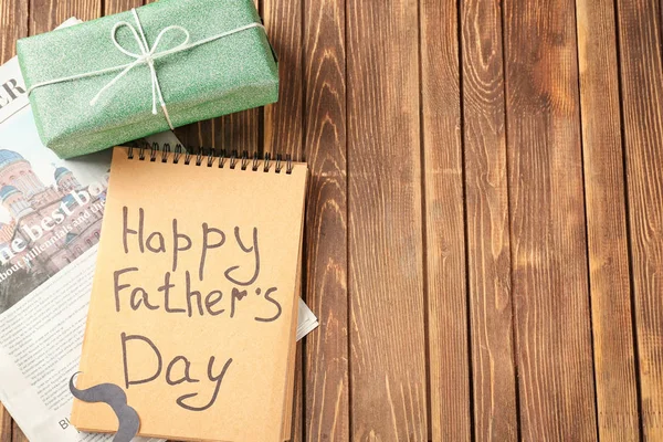 Gift Box Newspaper Notebook Happy Father Day Inscription Wooden Background — Stock Photo, Image