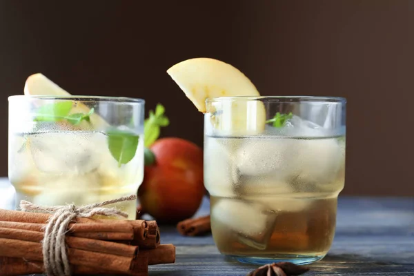 Glasses Tasty Apple Drink Cinnamon Wooden Table — Stock Photo, Image