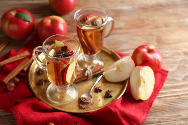 Glass Cups Tea Cinnamon Apples Wooden Table — Stock Photo, Image