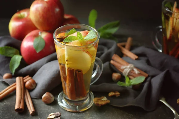 Glass Cup Tea Cinnamon Apples Dark Background — Stock Photo, Image