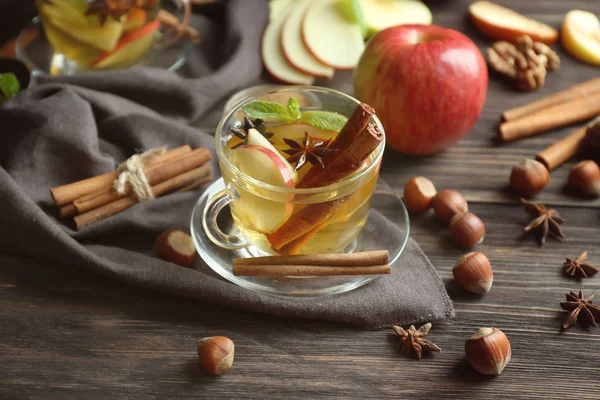 Cup Tea Cinnamon Apples Wooden Table — Stock Photo, Image