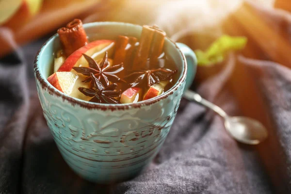 Cup Tea Cinnamon Apples Table — Stock Photo, Image