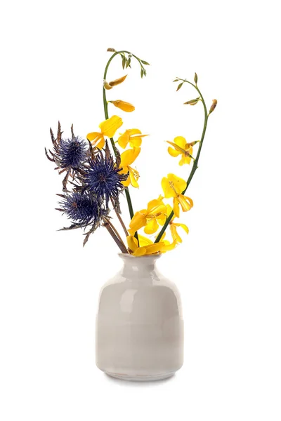Vase Beautiful Blooming Flowers White Background — Stock Photo, Image
