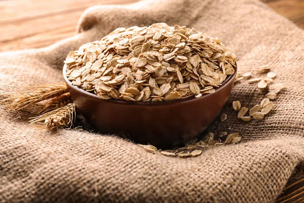 Cuenco Con Copos Avena Sobre Tela Saco — Foto de Stock